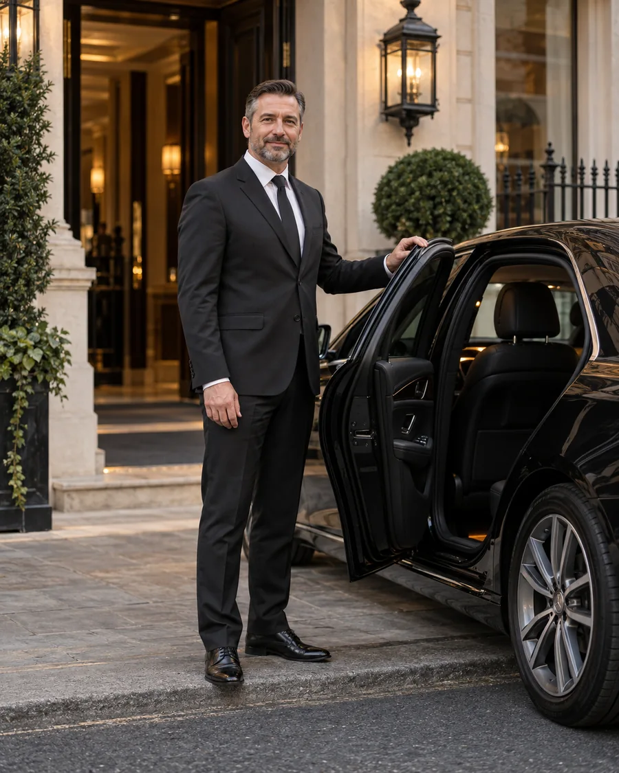 Professional chauffeur welcoming a traveller outside a London hotel